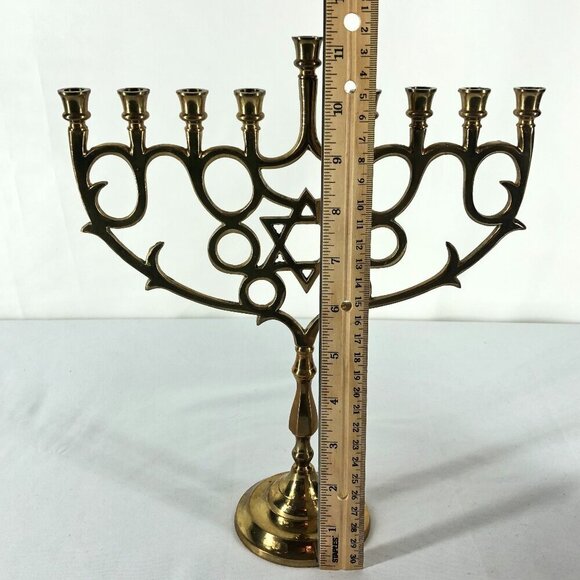 Brass Menorah 9 Point Candlestick With Candles - Picture 2 of 7
